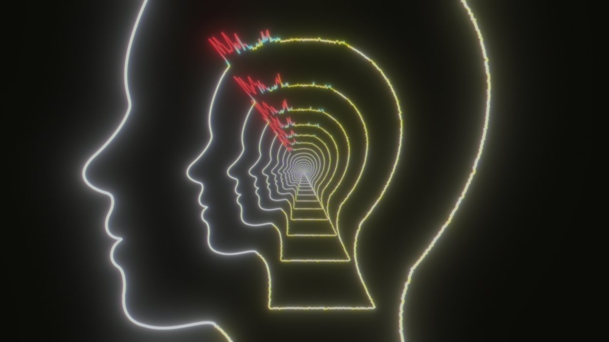 Illustration showing silhouetted heads zooming into the distance. The heads are outlined in neon green against a black background, and red sound waves seem to pulse from the foreheads.
